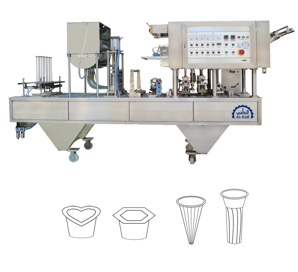 ماكينة أفقية حجمية  تعبئة + غلق  الأكواب نيوماتيك – اوتوماتيك